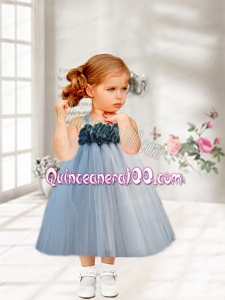 Gray Tulle A-Line Straps Tea-length Little Girl Dresses