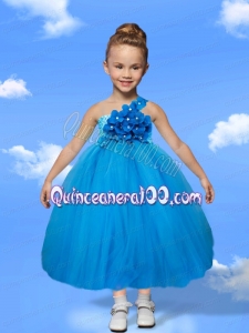 Nice One Shoulder Tulle Tea-length Blue Little Girl Dress with Appliques