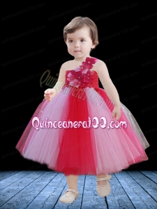Princess One Shoulder Tea-length Little Girl Dress with Appliques