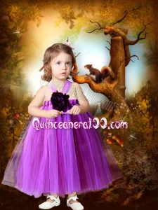 Purple A-Line Ankle-length Hand Made Flower Little Girl Dress with Halter Top