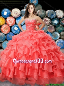Western Theme Hot Sale Beaded and Ruffled Coral Red Quinceanera Dress in Organza for 2017