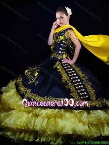 Western Theme Off the Shoulder Organza and Taffeta Embroideried Quinceanera Dress in Yellow and Black