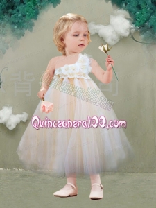 2014 Champagne A-Line Tea-length One Shoulder Little Girl Dresses