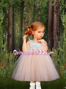 Peach Tulle A-Line Sleeveless Tea-length Little Girl Dresses with Straps