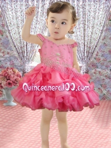 Rose Pink Beading and Ruffles Mini-length Little Girl Dress with Off the Shoulder