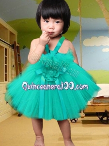 2014 Short Hand Made Flowers Turquoise Little Girl Dress with Straps