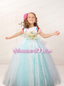 Multi-color A-Line Tulle One Shoulder Appliques and Hand Made Flowers Little Girl Dress for 2014