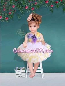 2014 Ball Gown Straps Knee-length Little Girl Dress with Hand Made Flowers