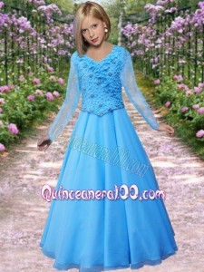 Affordable V-neck Aqua Blue Little Gril Pageant Dresses with Long SLeeves
