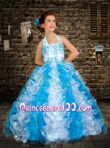 Blue Halter Top Ball Gown Beading Little Girl Pageant Dress with Ruffles for 2014