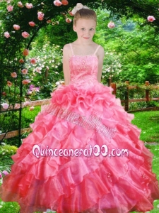 Coral Red Little Gril Pageant Dresses with Beaded and Ruffles Spaghetti Straps