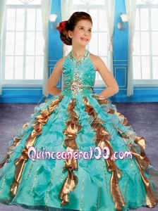 Green and Gold Halter Ball Gown Beading Little Girl Pageant Dress with Ruffles for 2014