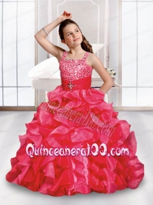 Red Ball Gown Straps Beading Little Girl Pageant Dress with Ruffles for 2014