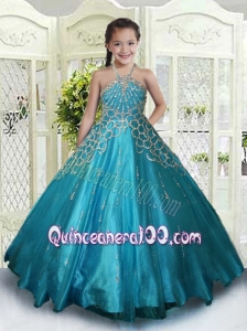 Teal Ball Gown Halter Beading Little Gril Pageant Dresses