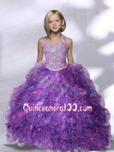 2014 Beautiful Ball Gown Purple Beading Little Gril Pageant Dress with Halter