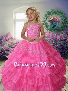 2014 Hot Pink Asymmetrical Beading Little Gril Pageant Dress with Appliques