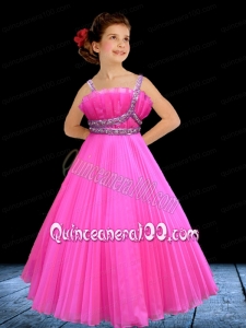 A-Line Hot Pink Straps Beading Little Gril Pageant Dress with Pleats