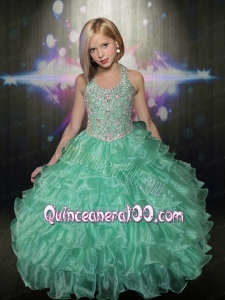Beautiful Apple Green Halter Little Gril Pageant Dress with Beading