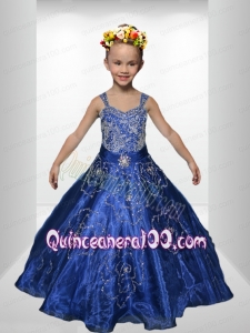 Beautiful Royal Blue Beading Little Gril Pageant Dress with Straps