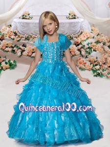 Beautiful Straps Ball Gown Baby Blue Little Girl Pageant Dress with Beading