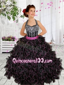 Elegant Halter Beading Black Little Gril Pageant Dresses for 2014