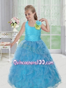 Elegant Halter Little Girl Pageant Dress with Bowknot Hand Made Flowers Ruffles in Blue
