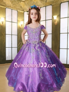 Purple Off The Shoulder Beading Little Gril Pageant Dress with Appliques