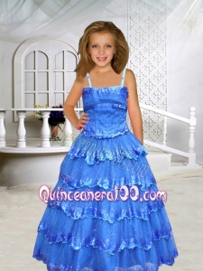 Royal Blue A-Line Spaghetti Straps Belt Little Gril Pageant Dress with Sequins
