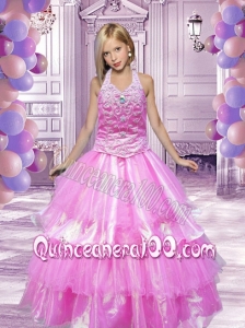 2014 Cute Ball Gown Halter Rose Pink Little Girl Pageant Dress