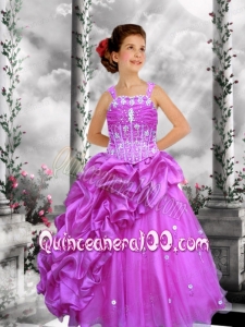 Beautiful Straps Fuchsia Little Gril Pageant Dress with Beading