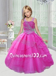 Exquisite Straps Beading Fuchsia Floor-length Little Gril Pageant Dress