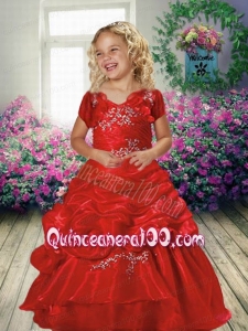 Beautiful Ball Gown V-neck Appliques Little Girl Pageant Dress in Red