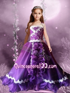 Exquisite A-Line One Shoulder Little Girl Pageant Dress with Ruching Appliques in Purple