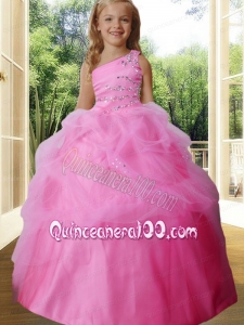 Pretty Ball Gown Beading One Shoulder Rose Pink Little Gril Pageant Dress