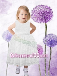 2014 Popular White Tea-length Scoop Flower Girl Dress with Lace