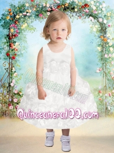 Formal Ball Gown Hand Made Flowers Tea-length Flower Girl Dress with Scoop