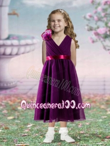 Sashes and Hand Made Flowers V-neck Tea-length Empire Flower Girl Dress in Dark Purple