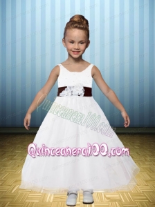 A-Line Hand Made Flowers Off the Shoulder 2014 Flower Girl Dress with Tea-length