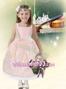 Pretty Ball Gown Straps Flower Girl Dress with Appliques in Pink for 2014