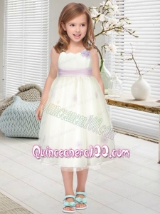 2014 A-Line Straps Sweet Belt Flower Girl Dress with Tea-length