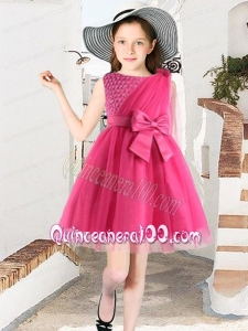 2014 Hot Pink Tulle A-Line Scoop Mini-length Flower Girl Dresses