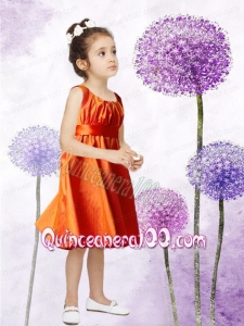 Cute A-Line Scoop Tea-length Ruching Flower Girl Dress in Orange for 2014
