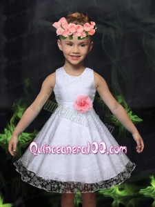 Fashionable A-Line Scoop Flower Girl Dress with Hand Made Flowers in White for 2014