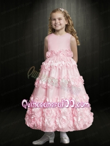 Pink A-Line Scoop 2014 Elegant Flower Girl Dress with Hand Made Flowers
