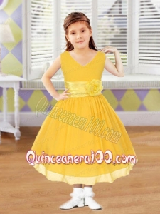 2014 Yellow Ball Gown V-neck Tea-length Flower Girl Dresses