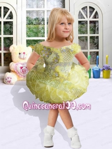 Fashionable Off the Shoulder Short Sleeves Little Girl Dress with Beading and Ruffles