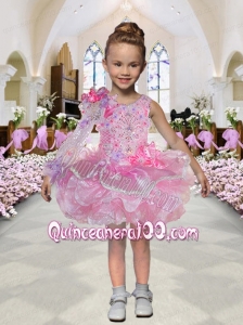 Luxurious Asymmetrical Mini-length Long Sleeve Beading Pink Little Girl Dresses