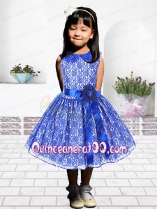 Modest A-Line Scoop Tea-length Lace Ribbons Blue Little Girl Dress