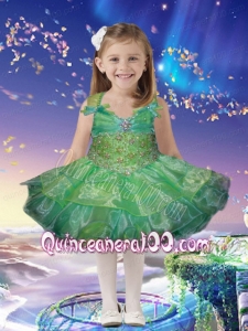 Popular Ball Gown Straps Knee-length Beading Ruffled Layers Green Little Girl Dress