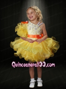 Yellow Sashes Asymmetrical Ball Gown Little Girl Dress with Beading and Ruffles